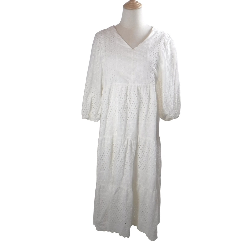 Lovemarks White Eyelet Lace Tiered Midi Dress Puff Sleeve Boho Bridal Summer L